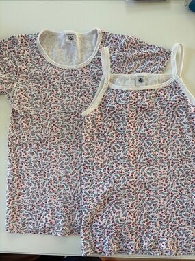 Petit Bateau White Tee & Tank Set with Red and Blue Floral Print